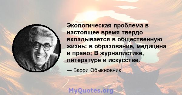 Экологическая проблема в настоящее время твердо вкладывается в общественную жизнь: в образование, медицина и право; В журналистике, литературе и искусстве.