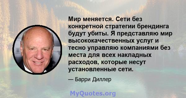 Мир меняется. Сети без конкретной стратегии брендинга будут убиты. Я представляю мир высококачественных услуг и тесно управляю компаниями без места для всех накладных расходов, которые несут установленные сети.