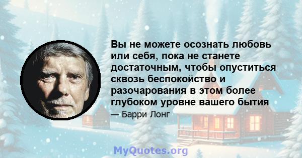 Вы не можете осознать любовь или себя, пока не станете достаточным, чтобы опуститься сквозь беспокойство и разочарования в этом более глубоком уровне вашего бытия