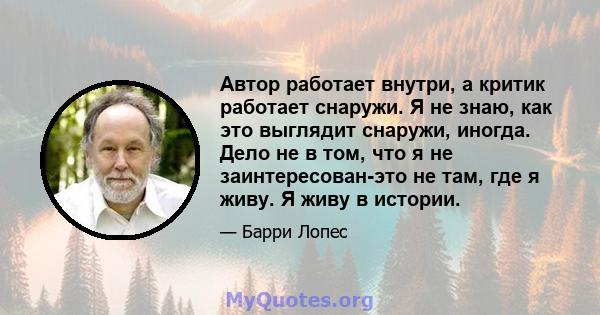 Автор работает внутри, а критик работает снаружи. Я не знаю, как это выглядит снаружи, иногда. Дело не в том, что я не заинтересован-это не там, где я живу. Я живу в истории.