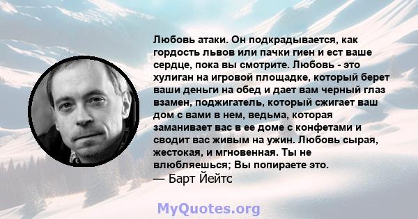 Любовь атаки. Он подкрадывается, как гордость львов или пачки гиен и ест ваше сердце, пока вы смотрите. Любовь - это хулиган на игровой площадке, который берет ваши деньги на обед и дает вам черный глаз взамен,