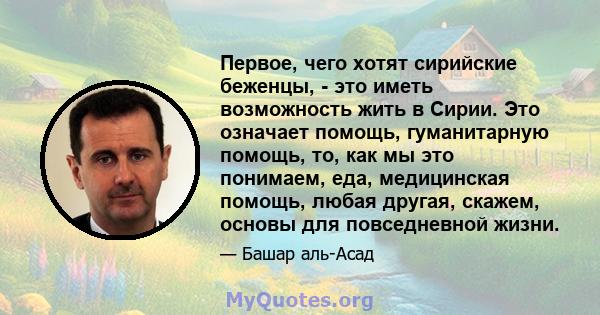 Первое, чего хотят сирийские беженцы, - это иметь возможность жить в Сирии. Это означает помощь, гуманитарную помощь, то, как мы это понимаем, еда, медицинская помощь, любая другая, скажем, основы для повседневной жизни.