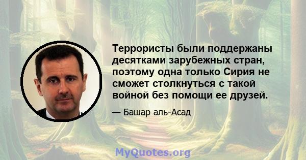 Террористы были поддержаны десятками зарубежных стран, поэтому одна только Сирия не сможет столкнуться с такой войной без помощи ее друзей.