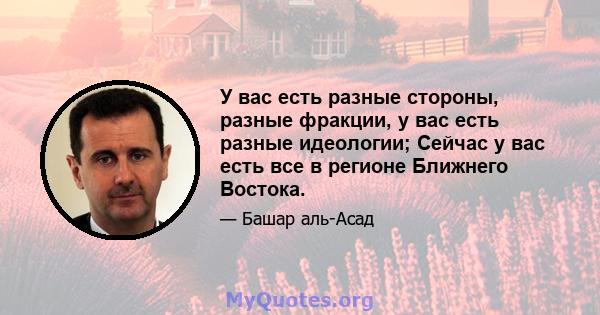 У вас есть разные стороны, разные фракции, у вас есть разные идеологии; Сейчас у вас есть все в регионе Ближнего Востока.