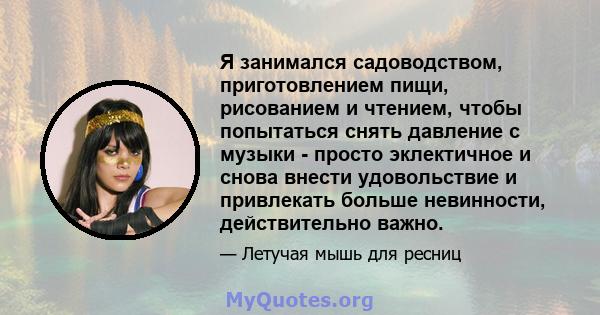 Я занимался садоводством, приготовлением пищи, рисованием и чтением, чтобы попытаться снять давление с музыки - просто эклектичное и снова внести удовольствие и привлекать больше невинности, действительно важно.