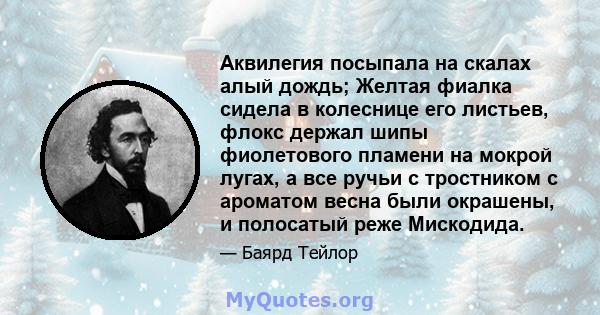 Аквилегия посыпала на скалах алый дождь; Желтая фиалка сидела в колеснице его листьев, флокс держал шипы фиолетового пламени на мокрой лугах, а все ручьи с тростником с ароматом весна были окрашены, и полосатый реже