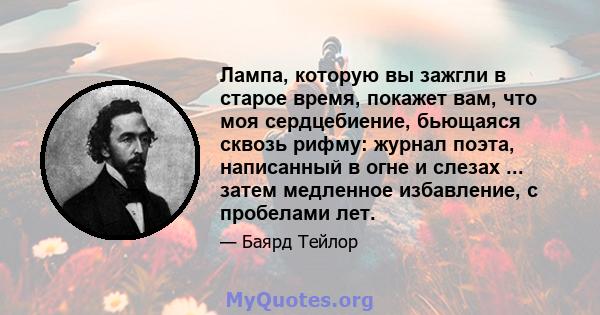 Лампа, которую вы зажгли в старое время, покажет вам, что моя сердцебиение, бьющаяся сквозь рифму: журнал поэта, написанный в огне и слезах ... затем медленное избавление, с пробелами лет.