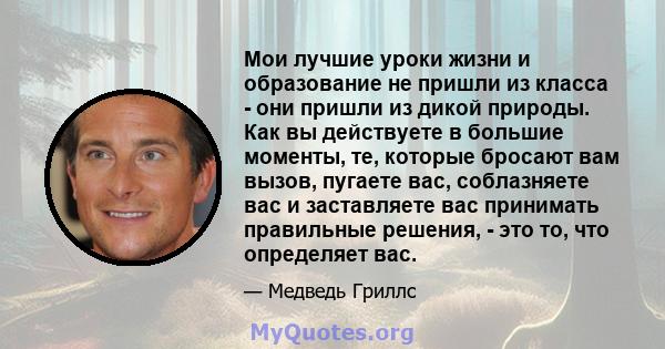 Мои лучшие уроки жизни и образование не пришли из класса - они пришли из дикой природы. Как вы действуете в большие моменты, те, которые бросают вам вызов, пугаете вас, соблазняете вас и заставляете вас принимать