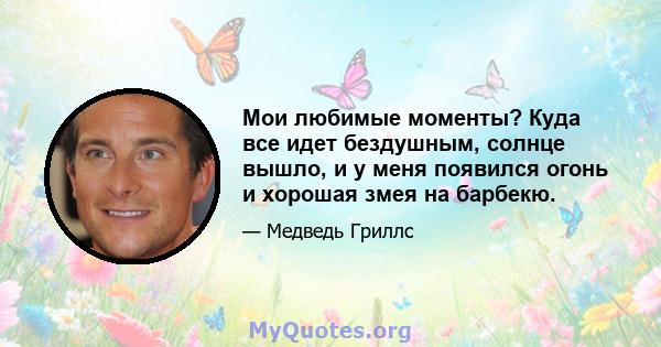 Мои любимые моменты? Куда все идет бездушным, солнце вышло, и у меня появился огонь и хорошая змея на барбекю.