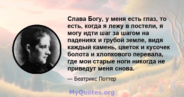 Слава Богу, у меня есть глаз, то есть, когда я лежу в постели, я могу идти шаг за шагом на падениях и грубой земле, видя каждый камень, цветок и кусочек болота и хлопкового перевала, где мои старые ноги никогда не