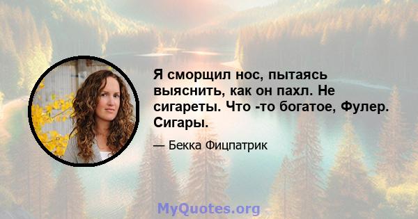 Я сморщил нос, пытаясь выяснить, как он пахл. Не сигареты. Что -то богатое, Фулер. Сигары.