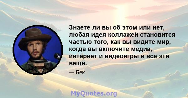 Знаете ли вы об этом или нет, любая идея коллажей становится частью того, как вы видите мир, когда вы включите медиа, интернет и видеоигры и все эти вещи.