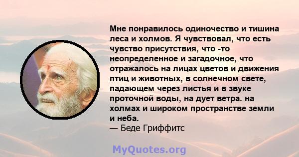 Мне понравилось одиночество и тишина леса и холмов. Я чувствовал, что есть чувство присутствия, что -то неопределенное и загадочное, что отражалось на лицах цветов и движения птиц и животных, в солнечном свете, падающем 