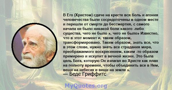 В Его (Христом) сдаче на кресте вся боль и агония человечества были сосредоточены в одном месте и перешли от смерти до бессмертия, с самого начала не было никакой боли какого -либо существа, чего не было », чего не