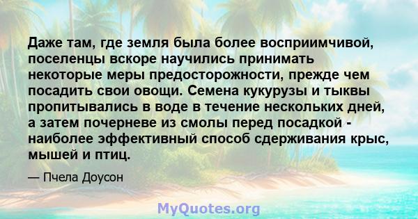 Даже там, где земля была более восприимчивой, поселенцы вскоре научились принимать некоторые меры предосторожности, прежде чем посадить свои овощи. Семена кукурузы и тыквы пропитывались в воде в течение нескольких дней, 