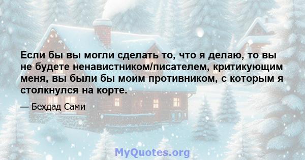 Если бы вы могли сделать то, что я делаю, то вы не будете ненавистником/писателем, критикующим меня, вы были бы моим противником, с которым я столкнулся на корте.