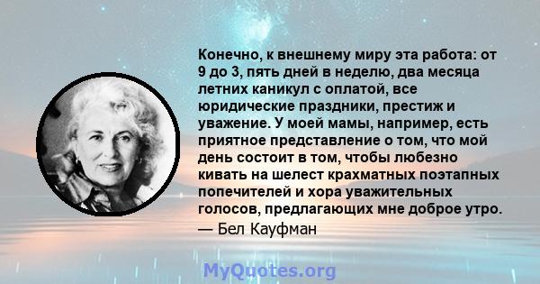 Конечно, к внешнему миру эта работа: от 9 до 3, пять дней в неделю, два месяца летних каникул с оплатой, все юридические праздники, престиж и уважение. У моей мамы, например, есть приятное представление о том, что мой