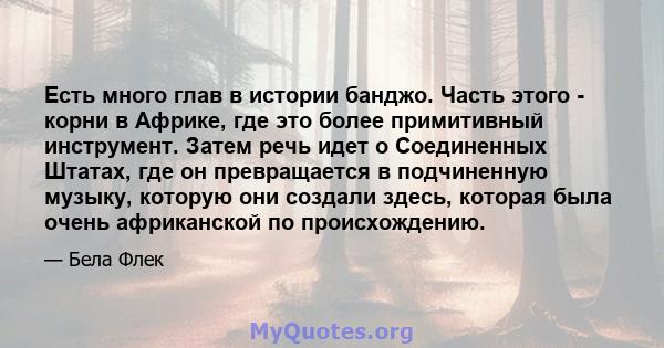 Есть много глав в истории банджо. Часть этого - корни в Африке, где это более примитивный инструмент. Затем речь идет о Соединенных Штатах, где он превращается в подчиненную музыку, которую они создали здесь, которая