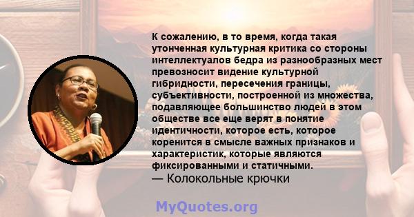 К сожалению, в то время, когда такая утонченная культурная критика со стороны интеллектуалов бедра из разнообразных мест превозносит видение культурной гибридности, пересечения границы, субъективности, построенной из