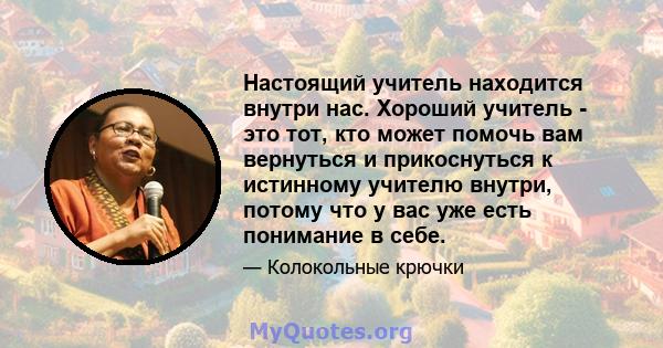 Настоящий учитель находится внутри нас. Хороший учитель - это тот, кто может помочь вам вернуться и прикоснуться к истинному учителю внутри, потому что у вас уже есть понимание в себе.