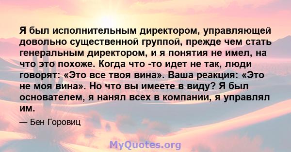 Я был исполнительным директором, управляющей довольно существенной группой, прежде чем стать генеральным директором, и я понятия не имел, на что это похоже. Когда что -то идет не так, люди говорят: «Это все твоя вина».