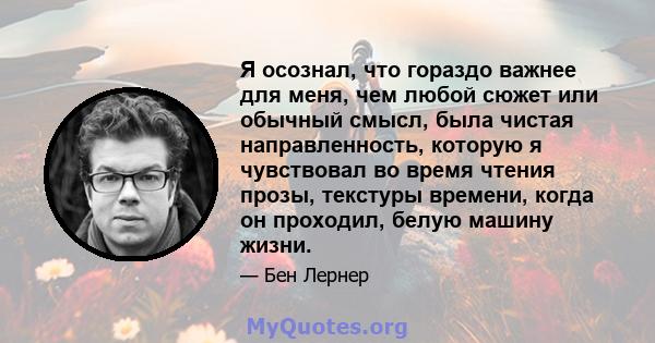 Я осознал, что гораздо важнее для меня, чем любой сюжет или обычный смысл, была чистая направленность, которую я чувствовал во время чтения прозы, текстуры времени, когда он проходил, белую машину жизни.