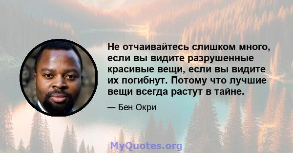 Не отчаивайтесь слишком много, если вы видите разрушенные красивые вещи, если вы видите их погибнут. Потому что лучшие вещи всегда растут в тайне.