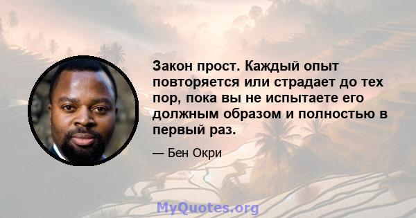 Закон прост. Каждый опыт повторяется или страдает до тех пор, пока вы не испытаете его должным образом и полностью в первый раз.