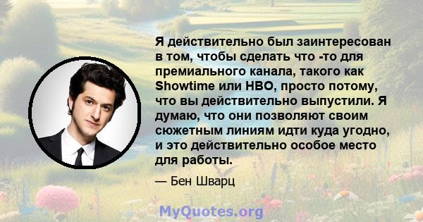 Я действительно был заинтересован в том, чтобы сделать что -то для премиального канала, такого как Showtime или HBO, просто потому, что вы действительно выпустили. Я думаю, что они позволяют своим сюжетным линиям идти