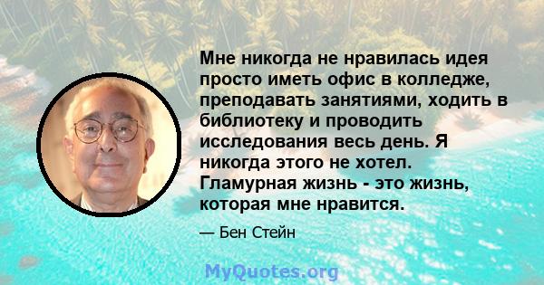 Мне никогда не нравилась идея просто иметь офис в колледже, преподавать занятиями, ходить в библиотеку и проводить исследования весь день. Я никогда этого не хотел. Гламурная жизнь - это жизнь, которая мне нравится.