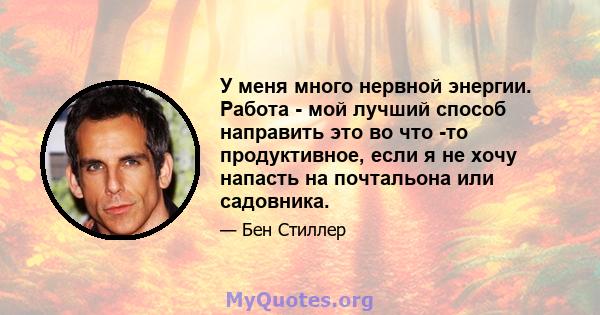 У меня много нервной энергии. Работа - мой лучший способ направить это во что -то продуктивное, если я не хочу напасть на почтальона или садовника.