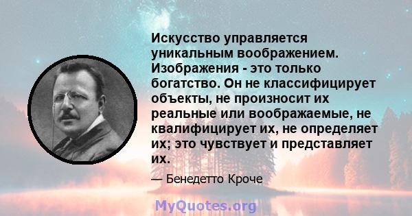 Искусство управляется уникальным воображением. Изображения - это только богатство. Он не классифицирует объекты, не произносит их реальные или воображаемые, не квалифицирует их, не определяет их; это чувствует и