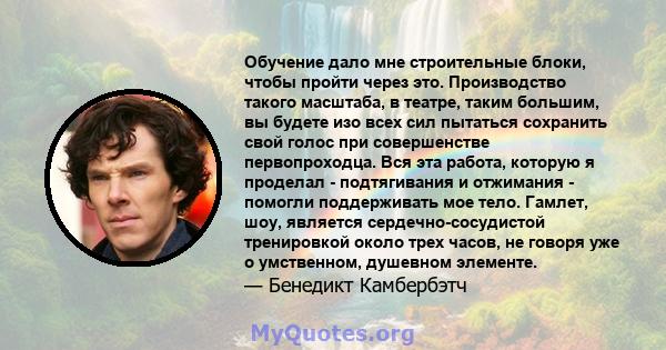 Обучение дало мне строительные блоки, чтобы пройти через это. Производство такого масштаба, в театре, таким большим, вы будете изо всех сил пытаться сохранить свой голос при совершенстве первопроходца. Вся эта работа,