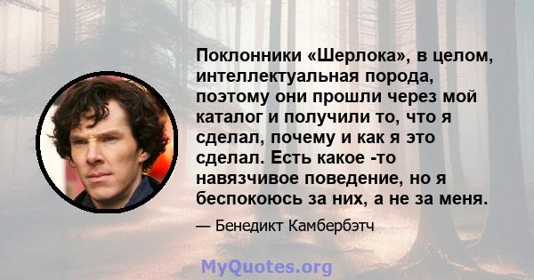 Поклонники «Шерлока», в целом, интеллектуальная порода, поэтому они прошли через мой каталог и получили то, что я сделал, почему и как я это сделал. Есть какое -то навязчивое поведение, но я беспокоюсь за них, а не за