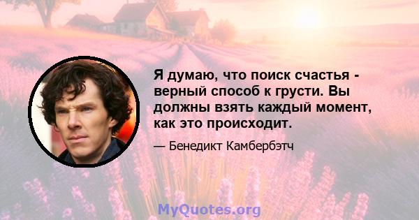 Я думаю, что поиск счастья - верный способ к грусти. Вы должны взять каждый момент, как это происходит.