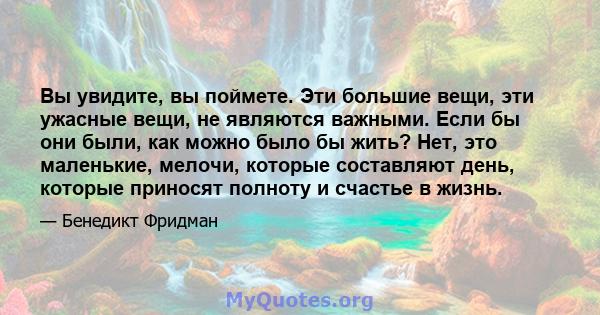 Вы увидите, вы поймете. Эти большие вещи, эти ужасные вещи, не являются важными. Если бы они были, как можно было бы жить? Нет, это маленькие, мелочи, которые составляют день, которые приносят полноту и счастье в жизнь.