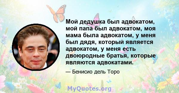 Мой дедушка был адвокатом, мой папа был адвокатом, моя мама была адвокатом, у меня был дядя, который является адвокатом, у меня есть двоюродные братья, которые являются адвокатами.