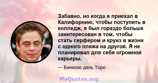 Забавно, но когда я приехал в Калифорнию, чтобы поступить в колледж, я был гораздо больше заинтересован в том, чтобы стать серфером и круиз в жизни с одного пляжа на другой. Я не планировал для себя огромной карьеры.