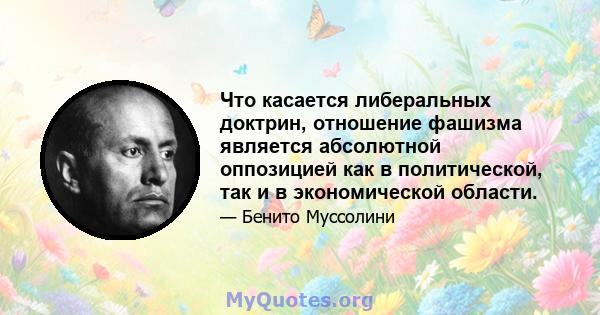 Что касается либеральных доктрин, отношение фашизма является абсолютной оппозицией как в политической, так и в экономической области.