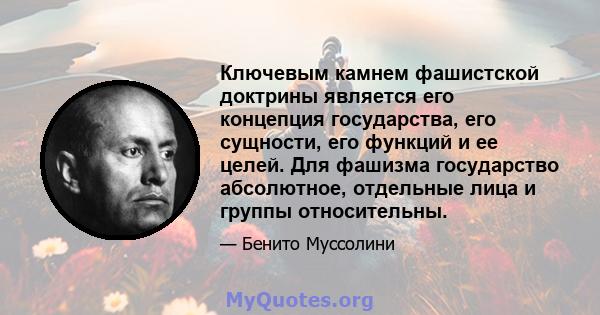 Ключевым камнем фашистской доктрины является его концепция государства, его сущности, его функций и ее целей. Для фашизма государство абсолютное, отдельные лица и группы относительны.