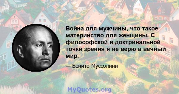 Война для мужчины, что такое материнство для женщины. С философской и доктринальной точки зрения я не верю в вечный мир.