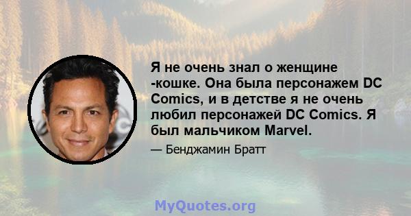 Я не очень знал о женщине -кошке. Она была персонажем DC Comics, и в детстве я не очень любил персонажей DC Comics. Я был мальчиком Marvel.