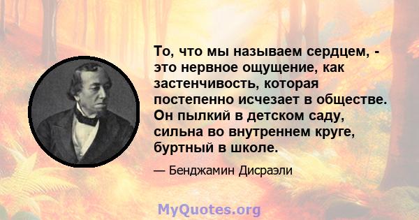 То, что мы называем сердцем, - это нервное ощущение, как застенчивость, которая постепенно исчезает в обществе. Он пылкий в детском саду, сильна во внутреннем круге, буртный в школе.