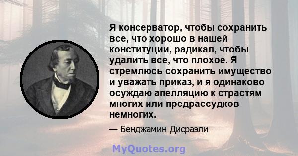 Я консерватор, чтобы сохранить все, что хорошо в нашей конституции, радикал, чтобы удалить все, что плохое. Я стремлюсь сохранить имущество и уважать приказ, и я одинаково осуждаю апелляцию к страстям многих или