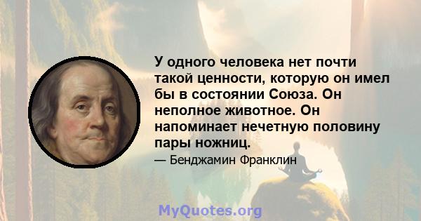 У одного человека нет почти такой ценности, которую он имел бы в состоянии Союза. Он неполное животное. Он напоминает нечетную половину пары ножниц.