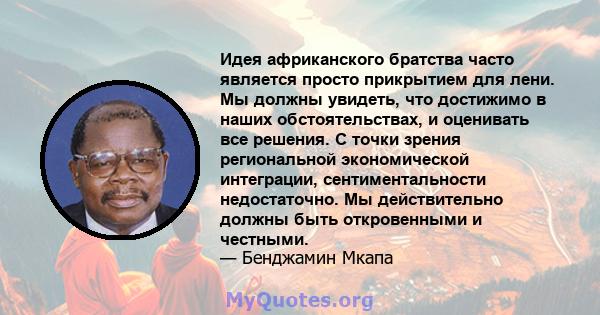 Идея африканского братства часто является просто прикрытием для лени. Мы должны увидеть, что достижимо в наших обстоятельствах, и оценивать все решения. С точки зрения региональной экономической интеграции,