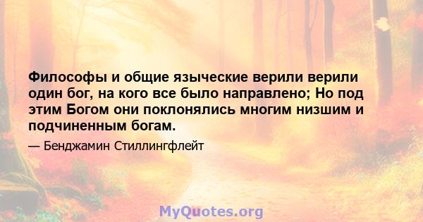 Философы и общие языческие верили верили один бог, на кого все было направлено; Но под этим Богом они поклонялись многим низшим и подчиненным богам.