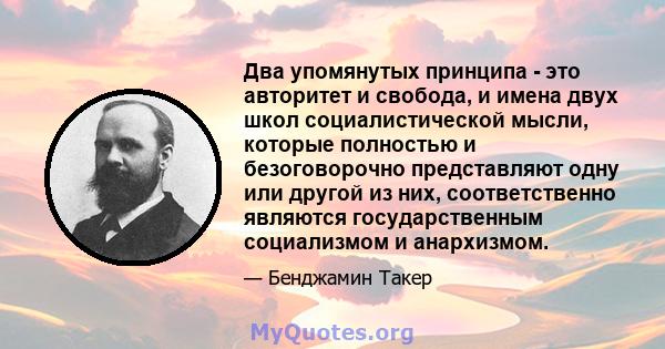 Два упомянутых принципа - это авторитет и свобода, и имена двух школ социалистической мысли, которые полностью и безоговорочно представляют одну или другой из них, соответственно являются государственным социализмом и