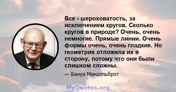 Все - шероховатость, за исключением кругов. Сколько кругов в природе? Очень, очень немногие. Прямые линии. Очень формы очень, очень гладкие. Но геометрия отложила их в сторону, потому что они были слишком сложны.