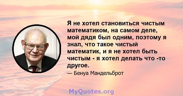 Я не хотел становиться чистым математиком, на самом деле, мой дядя был одним, поэтому я знал, что такое чистый математик, и я не хотел быть чистым - я хотел делать что -то другое.